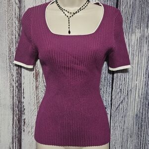 Zesica Cute Ribbed Colorblock Top (Rasberry)